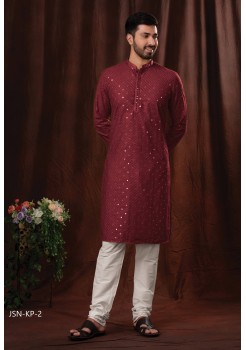 Maroon  Poly Cotton With Mirror Embroidery Kurtas Set 